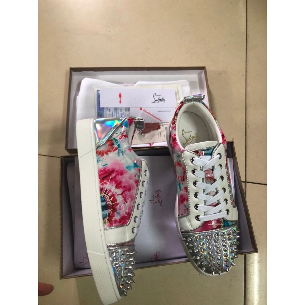 Knockoff Christian Louboutin Louis Junior Spike Low Top Men Sneakers Laminated Leather Floral Print