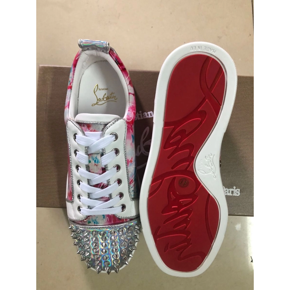Knockoff Christian Louboutin Louis Junior Spike Low Top Men Sneakers Laminated Leather Floral Print