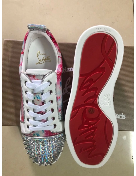 Knockoff Christian Louboutin Louis Junior Spike Low Top Men Sneakers Laminated Leather Floral Print