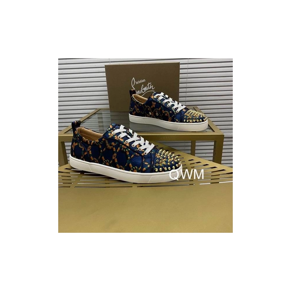 Replica Christian Louboutin Louis Junior Spikes Sneakers Satin Snake-link Blue