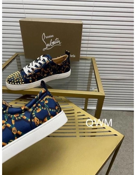 Replica Christian Louboutin Louis Junior Spikes Sneakers Satin Snake-link Blue