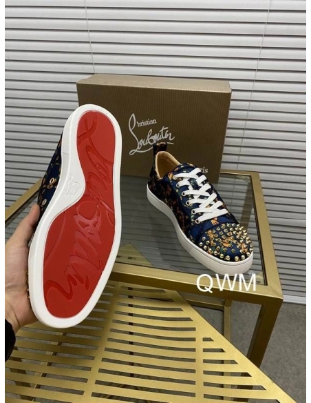 Replica Christian Louboutin Louis Junior Spikes Sneakers Satin Snake-link Blue