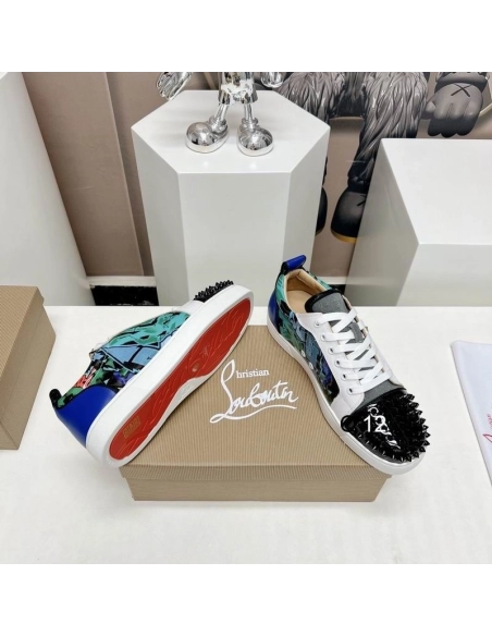 Cheap Christian Louboutin Louis Junior Spikes Orlato Sneakers Calfskin and Patent Leather Multicolor