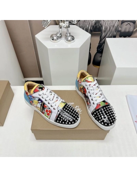 Knockoff Christian Louboutin Louis Junior Spikes Orlato Sneakers Suede and Patent Leather Multicolor