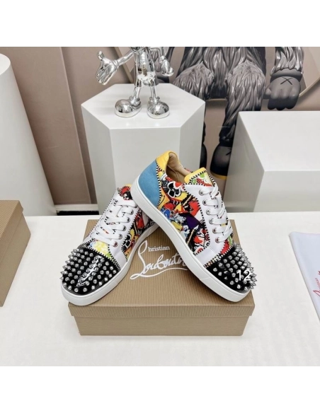 Knockoff Christian Louboutin Louis Junior Spikes Orlato Sneakers Suede and Patent Leather Multicolor