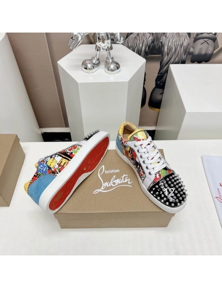 Knockoff Christian Louboutin Louis Junior Spikes Orlato Sneakers Suede and Patent Leather Multicolor