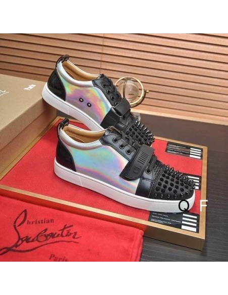 Fake Christian Louboutin Louis Junior Spikes Cap-Toe Sneakers Leather Black, Replica CL Shoes