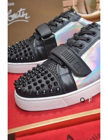 Fake Christian Louboutin Louis Junior Spikes Cap-Toe Sneakers Leather Black, Replica CL Shoes