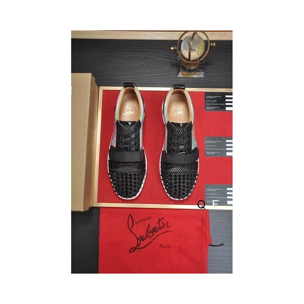 Fake Christian Louboutin Louis Junior Spikes Cap-Toe Sneakers Leather Black, Replica CL Shoes