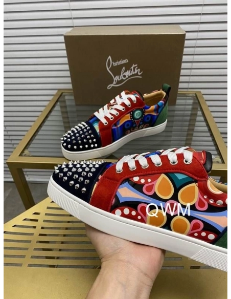 Cheap Christian Louboutin Louis Junior Spikes Orlato Flat Sneakers Suede Multicolor Sale Online