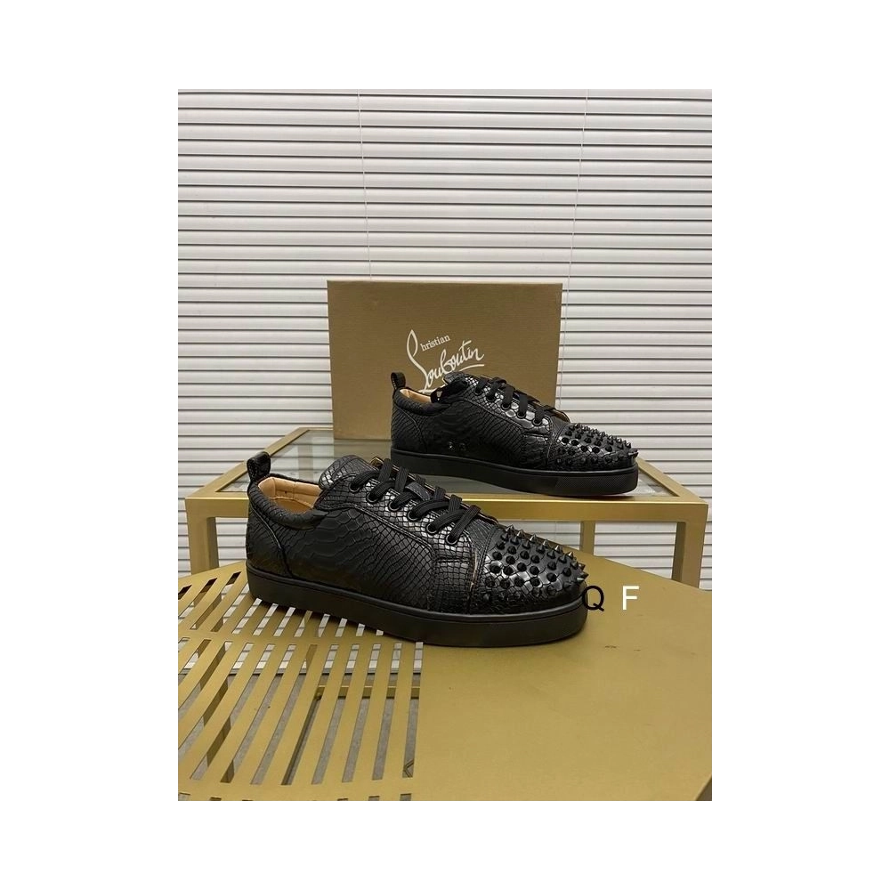 Replica Christian Louboutin Louis Junior Spikes Orlato Sneakers Python Embossed Calfskin Black