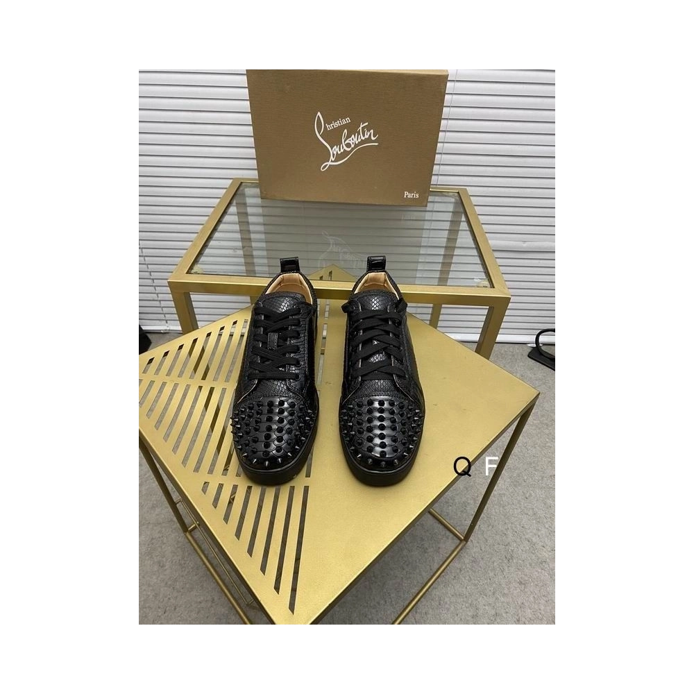 Replica Christian Louboutin Louis Junior Spikes Orlato Sneakers Python Embossed Calfskin Black