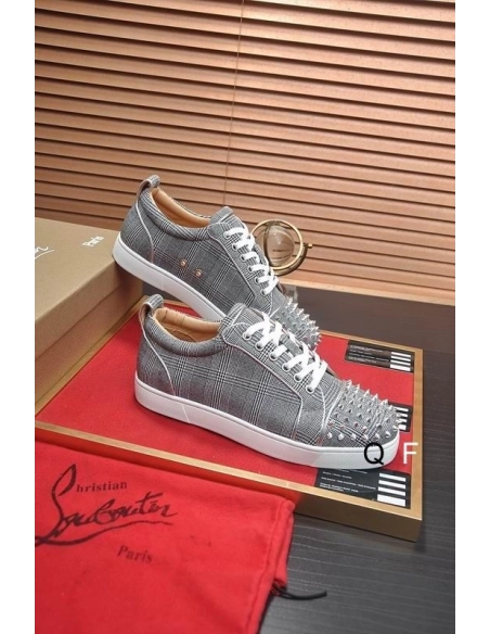 Fake Christian Louboutin Louis Junior Spikes Orlato Flat Sneakers Monochrome Canvas Gray