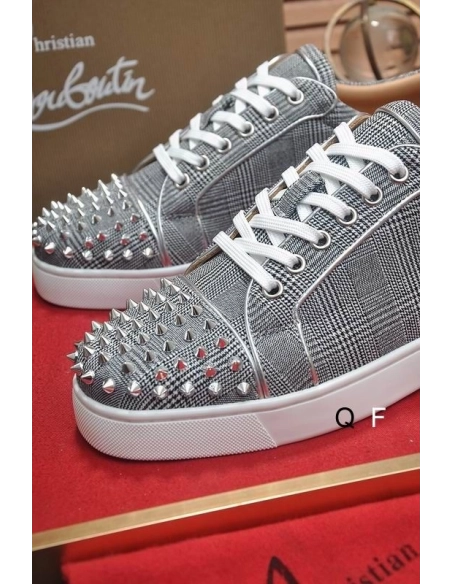 Fake Christian Louboutin Louis Junior Spikes Orlato Flat Sneakers Monochrome Canvas Gray