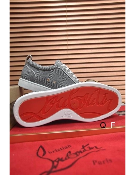 Fake Christian Louboutin Louis Junior Spikes Orlato Flat Sneakers Monochrome Canvas Gray