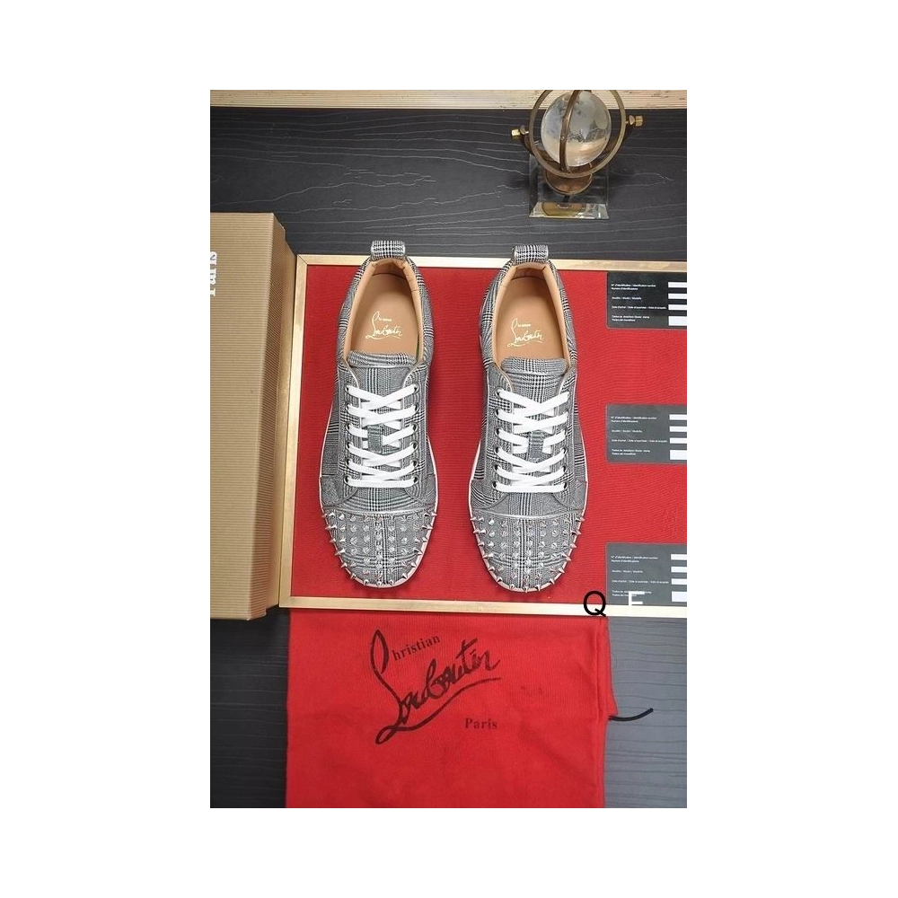 Fake Christian Louboutin Louis Junior Spikes Orlato Flat Sneakers Monochrome Canvas Gray