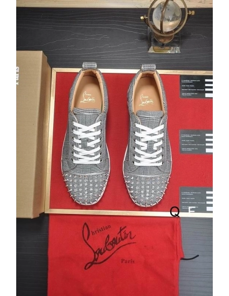 Fake Christian Louboutin Louis Junior Spikes Orlato Flat Sneakers Monochrome Canvas Gray