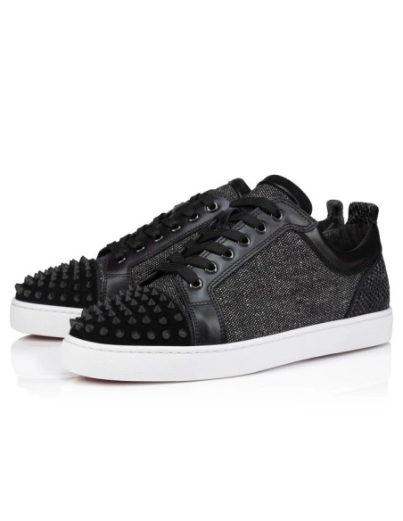 Fake Christian Louboutin Louis Junior Spikes Orlato Sneakers Veau Velours Linen And Spikes Black