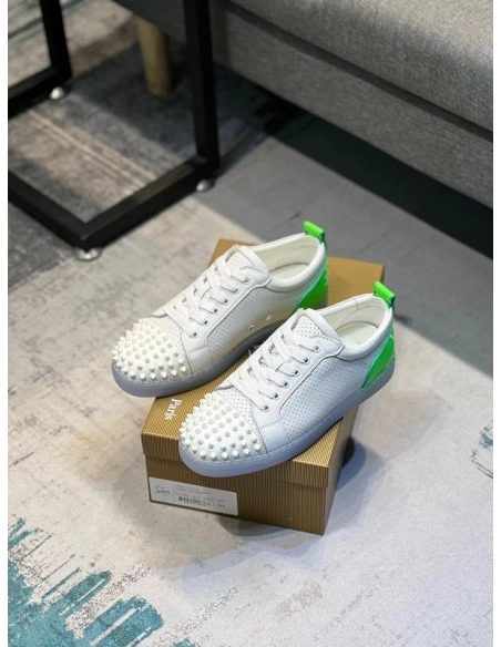Cheap Christian Louboutin Fun Louis Junior Spikes Sneakers White Fluo Green Sale Online