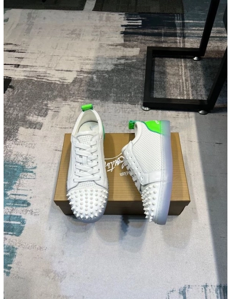 Cheap Christian Louboutin Fun Louis Junior Spikes Sneakers White Fluo Green Sale Online