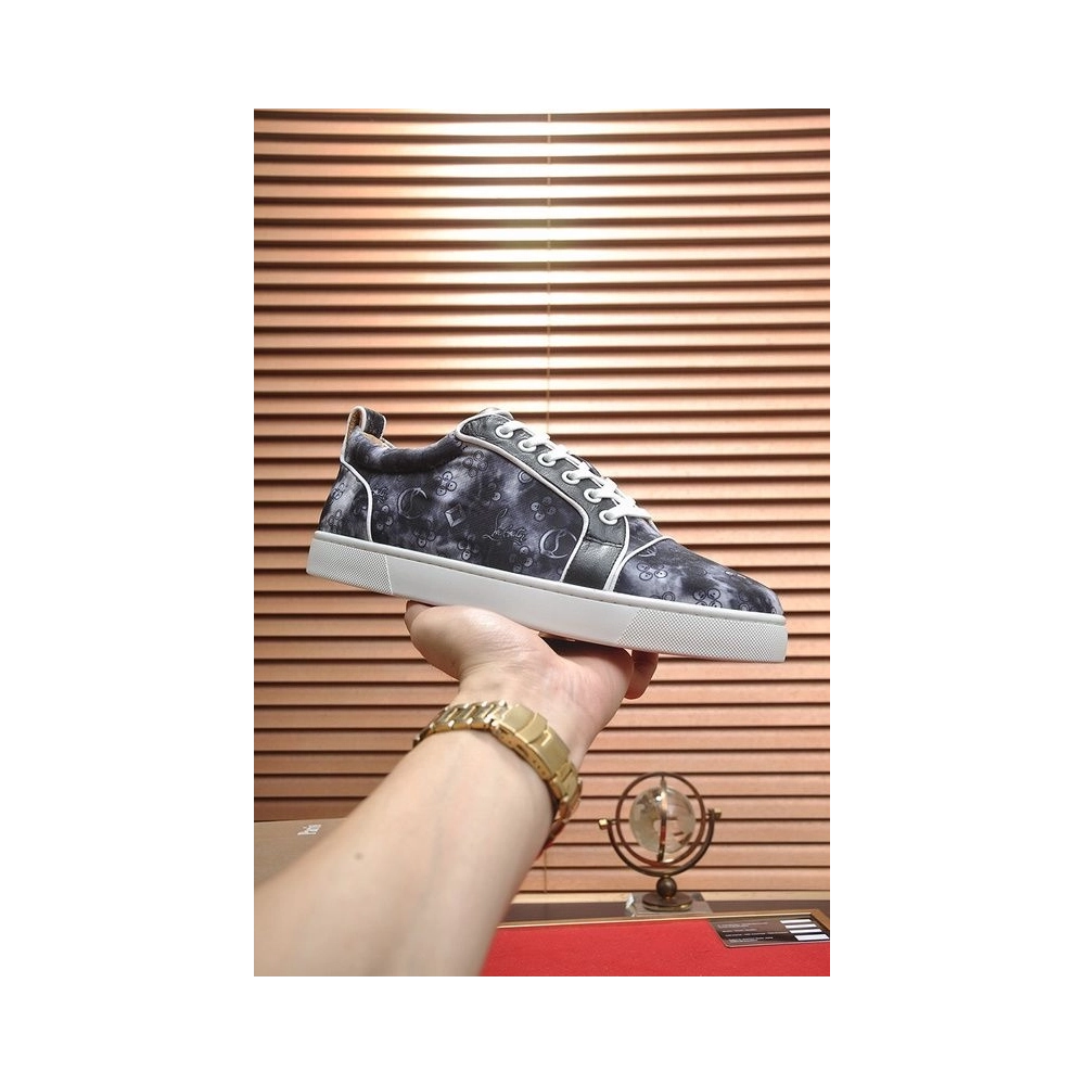 Knockoff Christian Louboutin Louis Junior Low-top Sneakers Allover Logo Fabric Black, Replica CL Shoes