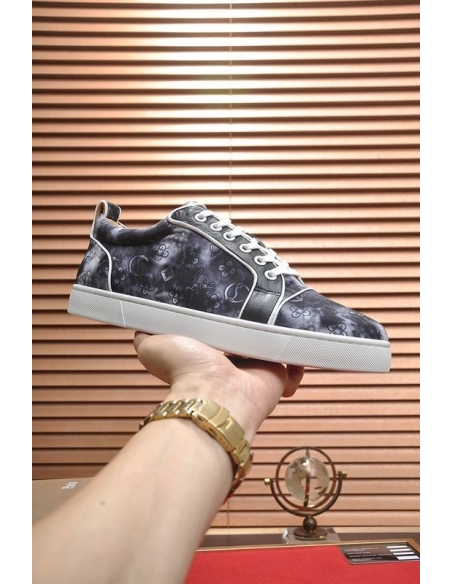 Knockoff Christian Louboutin Louis Junior Low-top Sneakers Allover Logo Fabric Black, Replica CL Shoes