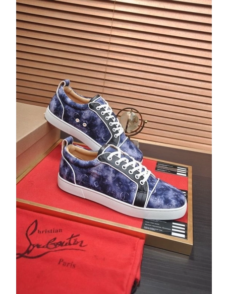 Cheap Christian Louboutin Louis Junior Low-top Sneakers Allover Logo Fabric Navy for Sale