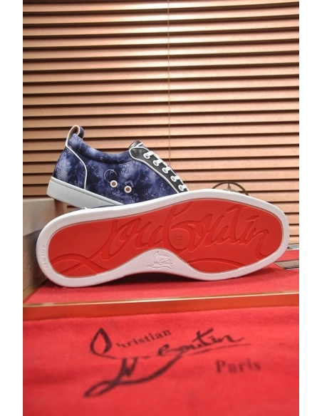Cheap Christian Louboutin Louis Junior Low-top Sneakers Allover Logo Fabric Navy for Sale