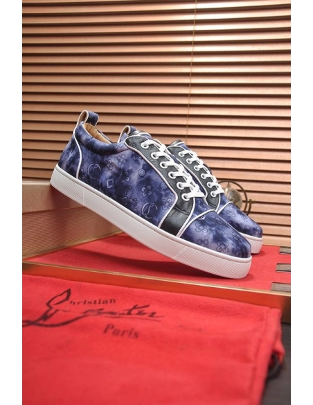 Cheap Christian Louboutin Louis Junior Low-top Sneakers Allover Logo Fabric Navy for Sale