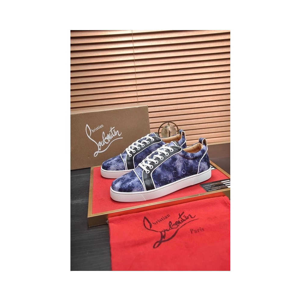 Cheap Christian Louboutin Louis Junior Low-top Sneakers Allover Logo Fabric Navy for Sale