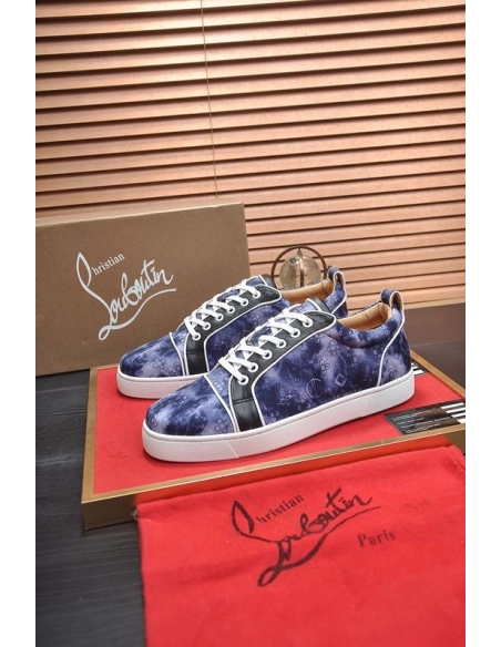 Cheap Christian Louboutin Louis Junior Low-top Sneakers Allover Logo Fabric Navy for Sale