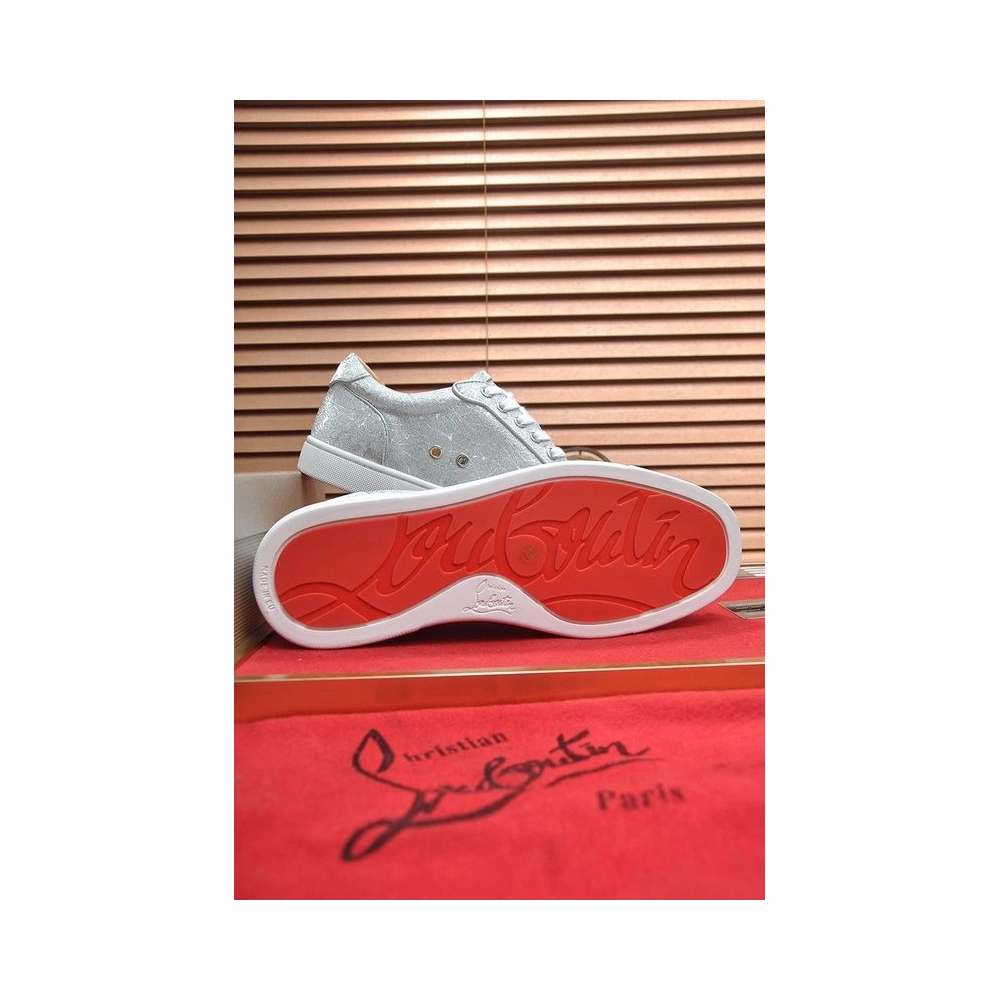 Discount Christian Louboutin Louis Junior Spikes Men Low-top Sneakers Glitter Fabric Silver Sale Online