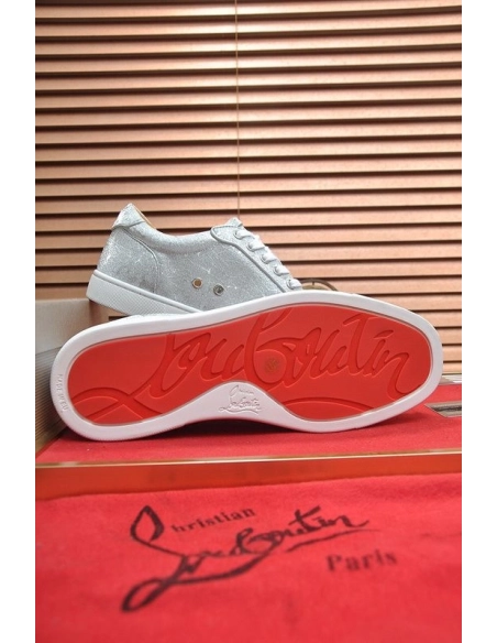 Discount Christian Louboutin Louis Junior Spikes Men Low-top Sneakers Glitter Fabric Silver Sale Online
