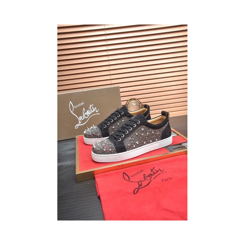 Discount Christian Louboutin Louis Junior PI Version Strass Sneakers Suede Black Outlet Sale