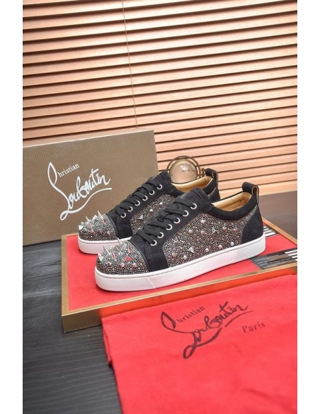 Discount Christian Louboutin Louis Junior PI Version Strass Sneakers Suede Black Outlet Sale