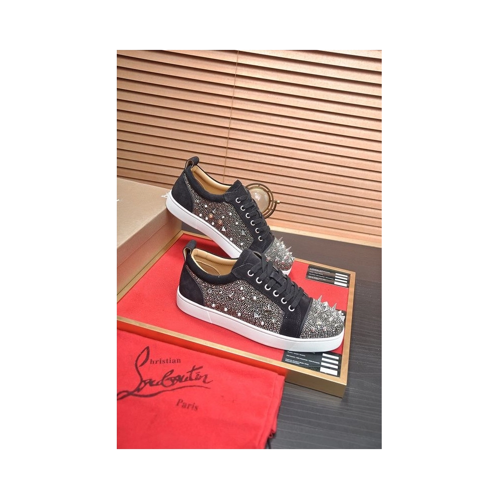 Discount Christian Louboutin Louis Junior PI Version Strass Sneakers Suede Black Outlet Sale