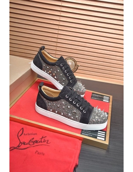Discount Christian Louboutin Louis Junior PI Version Strass Sneakers Suede Black Outlet Sale
