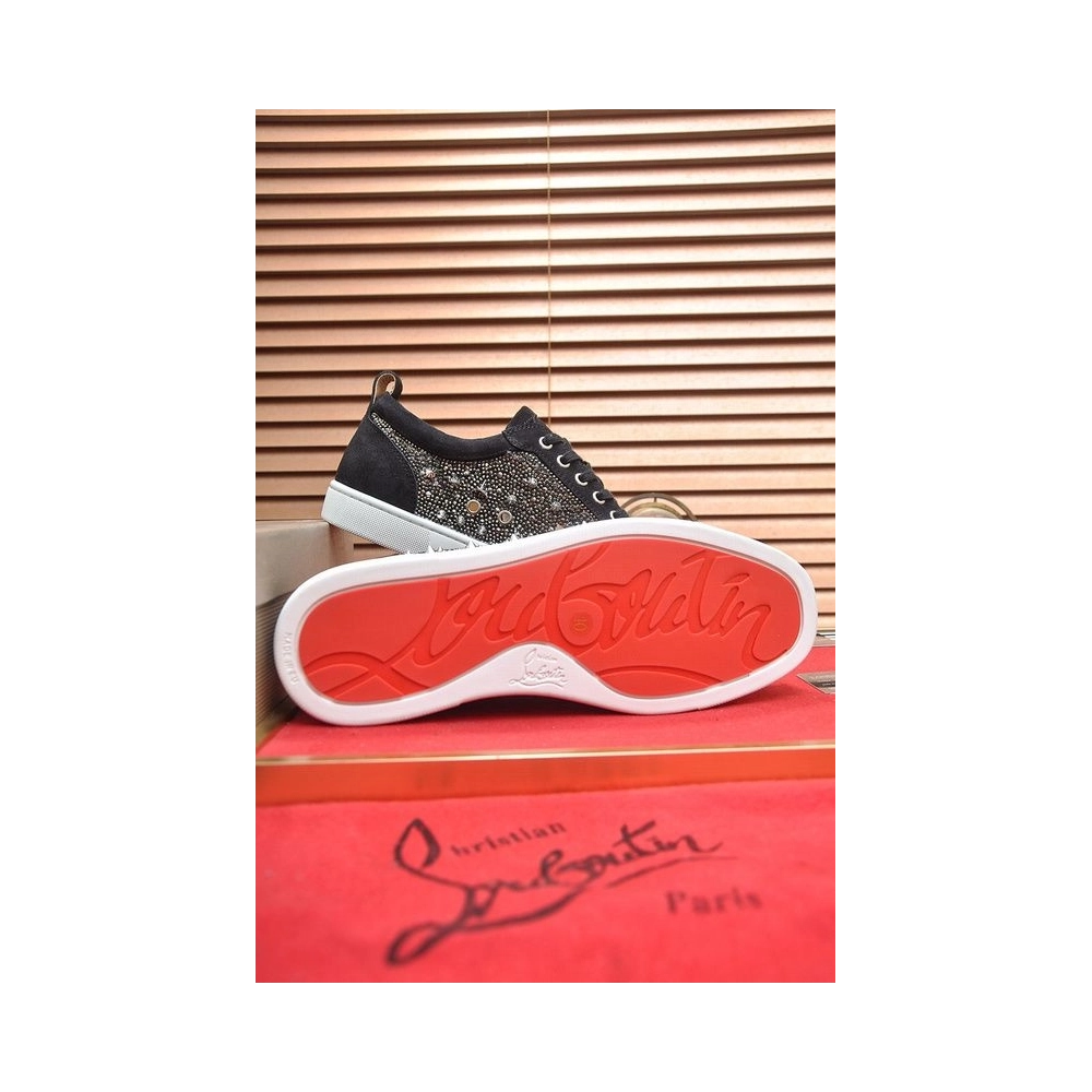 Discount Christian Louboutin Louis Junior PI Version Strass Sneakers Suede Black Outlet Sale