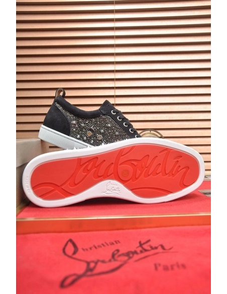 Discount Christian Louboutin Louis Junior PI Version Strass Sneakers Suede Black Outlet Sale