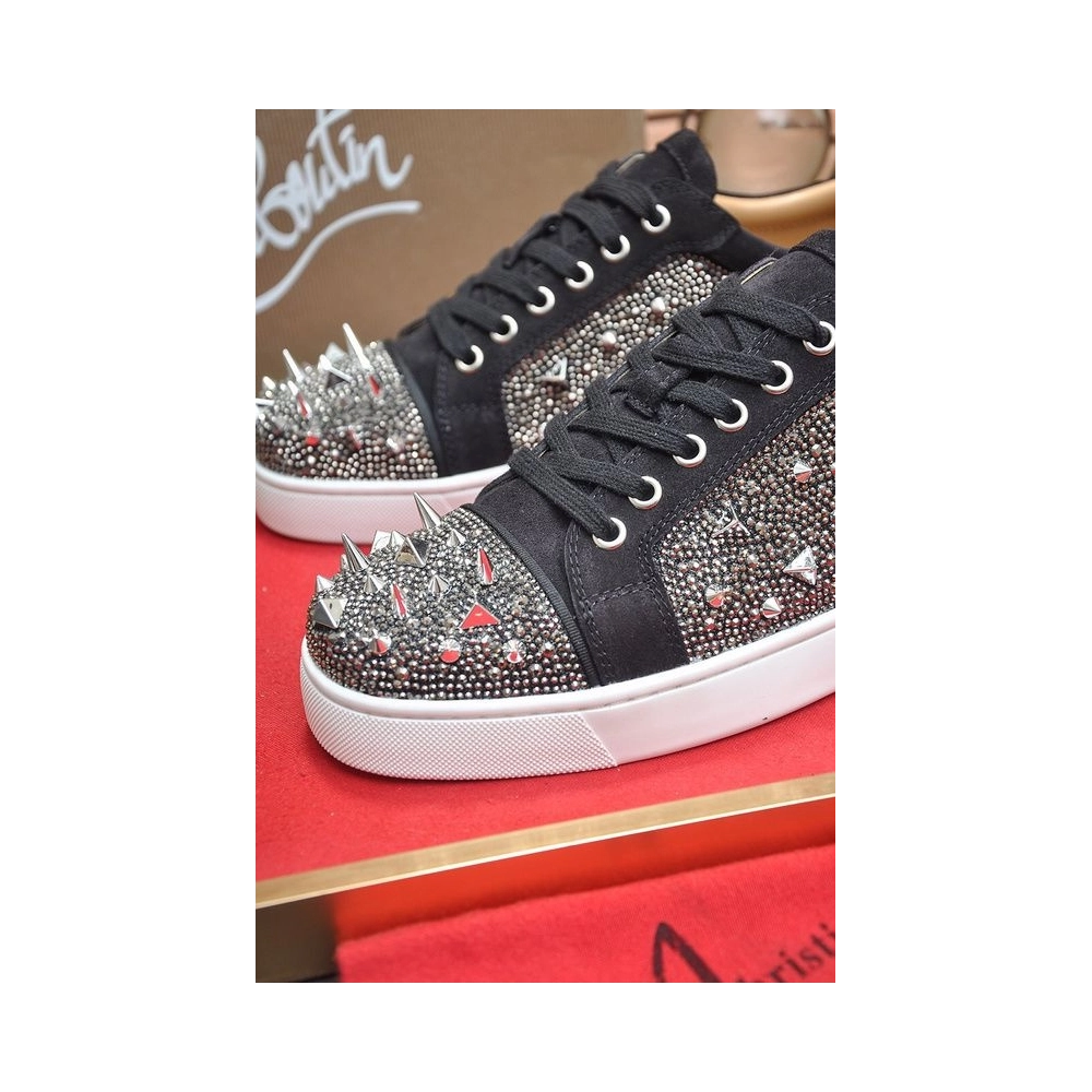 Discount Christian Louboutin Louis Junior PI Version Strass Sneakers Suede Black Outlet Sale