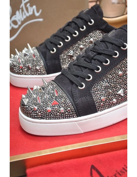 Discount Christian Louboutin Louis Junior PI Version Strass Sneakers Suede Black Outlet Sale