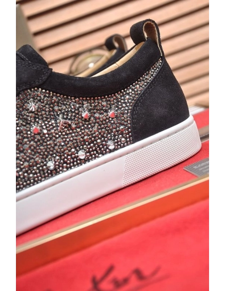 Discount Christian Louboutin Louis Junior PI Version Strass Sneakers Suede Black Outlet Sale