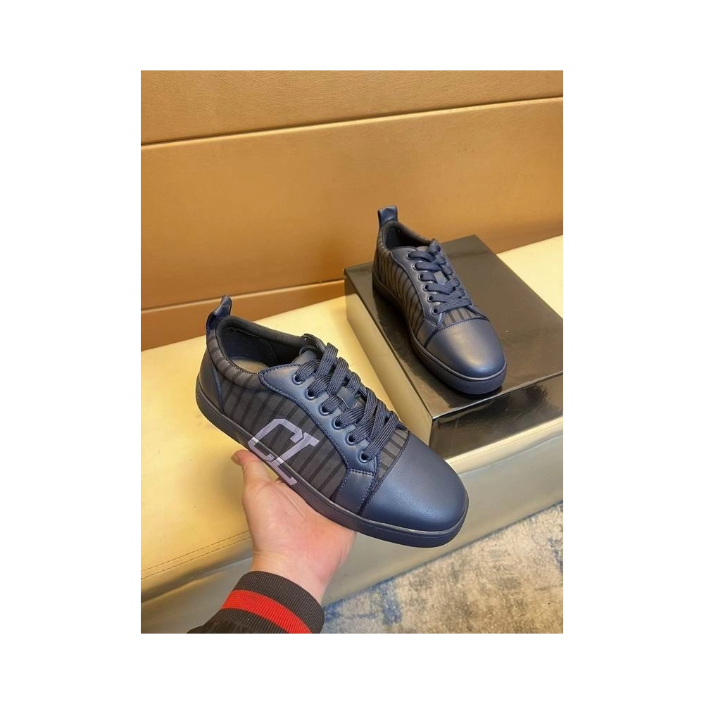 Replica Christian Louboutin Louis Junior Varsimax Sneakers Leather-trim Navy Blue