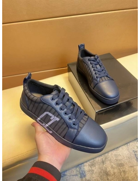 Replica Christian Louboutin Louis Junior Varsimax Sneakers Leather-trim Navy Blue