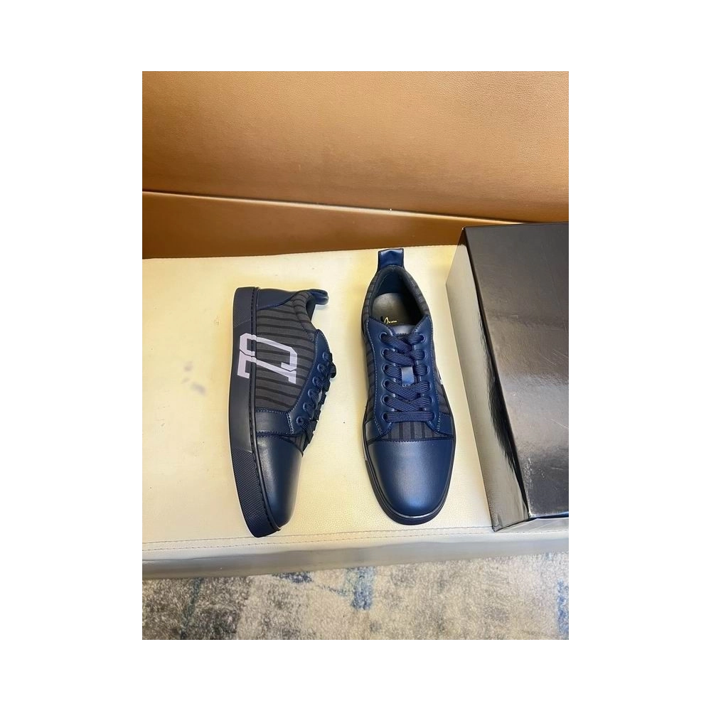 Replica Christian Louboutin Louis Junior Varsimax Sneakers Leather-trim Navy Blue