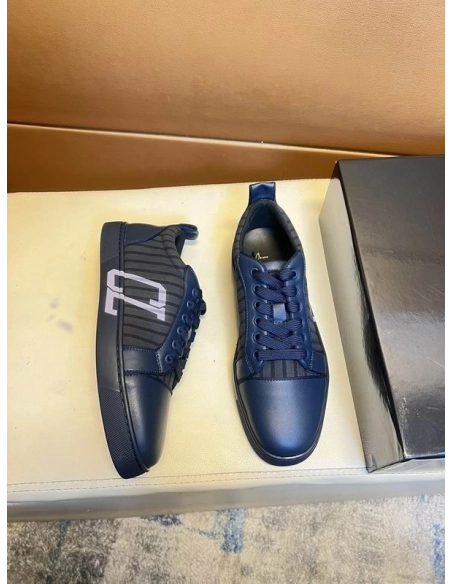 Replica Christian Louboutin Louis Junior Varsimax Sneakers Leather-trim Navy Blue