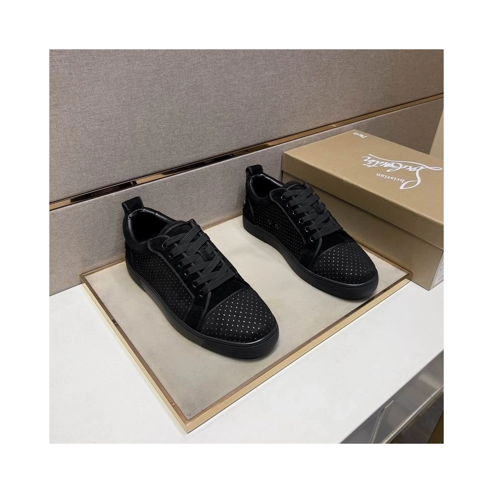 Replica Christian Louboutin Fun Louis Junior Men Low-top Sneakers Veau Velours with Strass Black