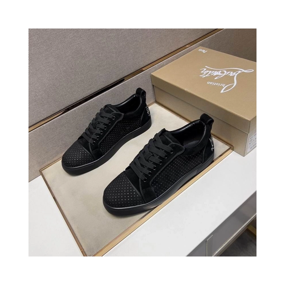 Replica Christian Louboutin Fun Louis Junior Men Low-top Sneakers Veau Velours with Strass Black