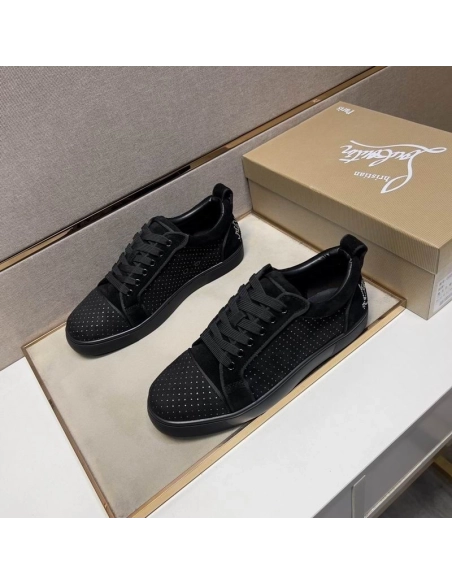 Replica Christian Louboutin Fun Louis Junior Men Low-top Sneakers Veau Velours with Strass Black