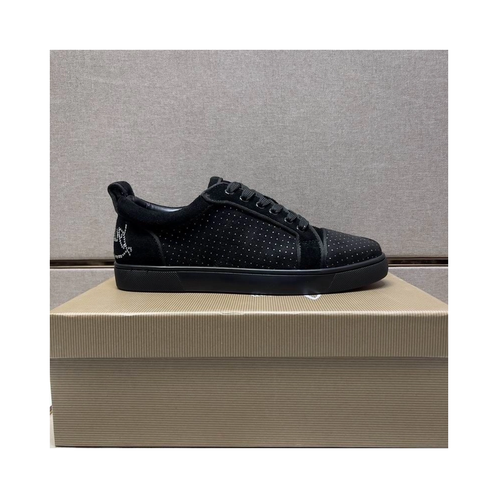 Replica Christian Louboutin Fun Louis Junior Men Low-top Sneakers Veau Velours with Strass Black